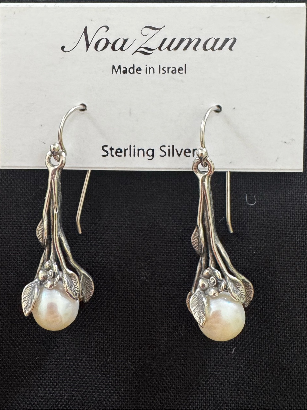 Noa Zuman Sterling Silver Pearl Leaf Drop Earrings in Silver and White